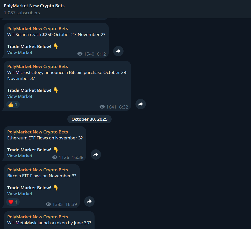 Telegram screenshot van Polymarket alerts